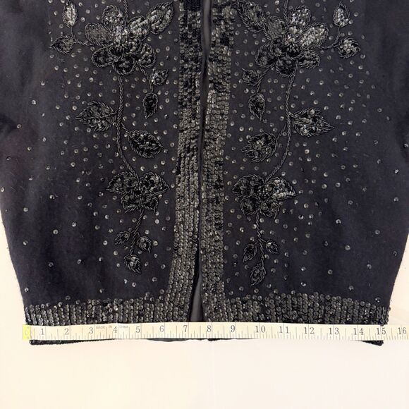 Cyn Les Vintage 1950's Lambs Wool & Angora Sequin Beaded Knit Cardigan Black 40 - Picture 6 of 15